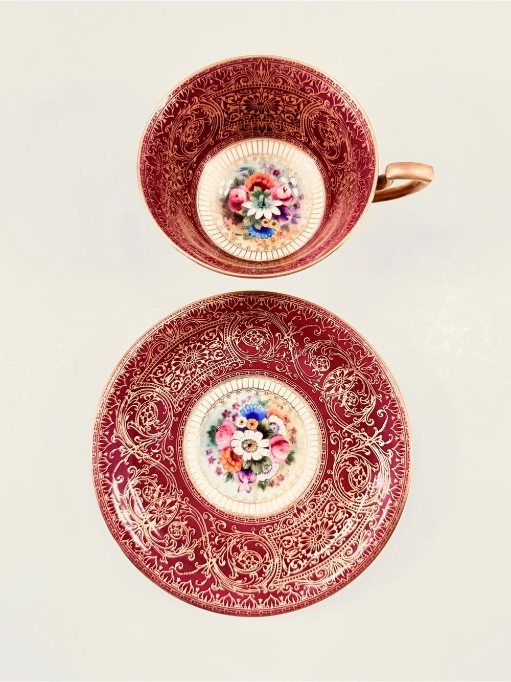 RARE Antique Royal Worcester Cranberry Gold Teacup Cup Saucer Set Gump’s 1929